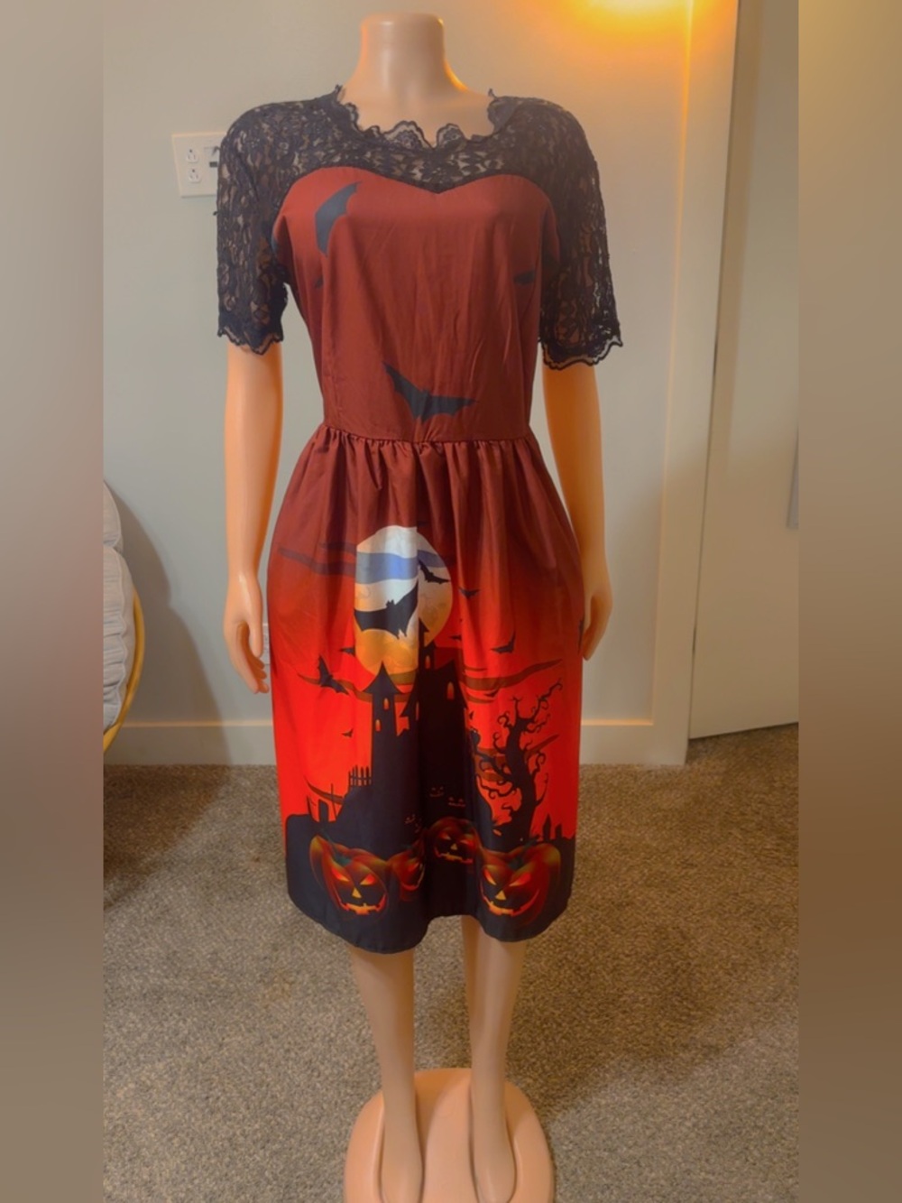 Halloween Print Lace-Top Fit & Flare Dress in Red